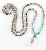 mala beads, mala necklace, labradorite, amazonite, pyrite, clear quartz
